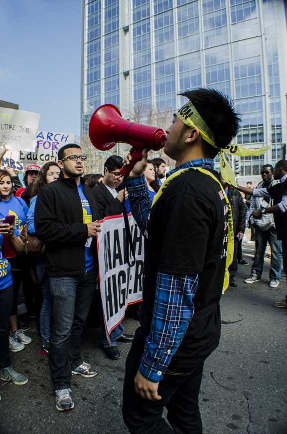 The march is led onward by Jason Quach of College of Desert and continues its way to the capitol building on March 4 (Photo/Michael Monroy).