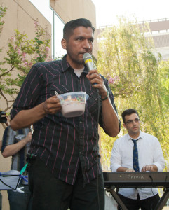 Jamie Nelson also known as “Cockamamie Jamie,” performing with his Trix cereal for his song “Apartment Complex” on My Urban Militia Stage at Catacomb Party in Fresno, Calif. on Saturday, July 20, 2013. (Photo/Abel Cortez)