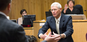 Calhoun explaining to the jury how had to defend himself from Kevynn Gomez by laying her down on the floor Wednesday, Oct. 16, 2013. Calhoun faces misdemeanor charges for his alleged assault against FCC Student Gomez. Photo/Abel Cortez