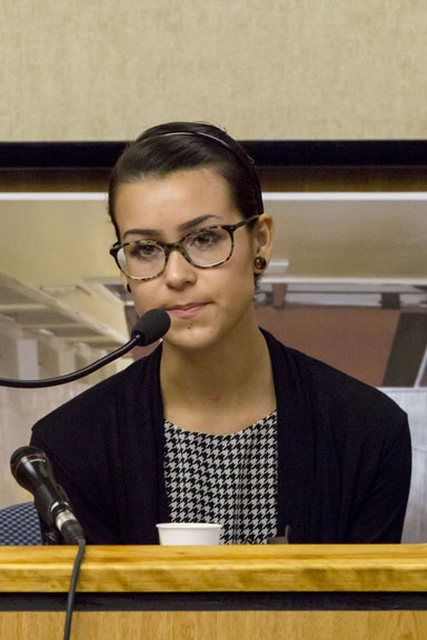 Fresno City College student Kevynn Gomez takes the stand and gives her witness accounts of her alleged assault by former Fresno City College instructor Brian Calhoun Wednesday, Oct.9, 2013. Calhoun faces misdemeanor charges for his alleged assault against Gomez. Photo/Abel Cortez