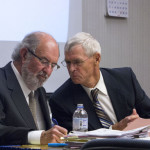 Former Fresno City College instructor Brian Calhoun (Right) and his attorney Roger Nuttall  during Kevynn Gomez's testimony on  Wednesday, Oct.9, 2013 Calhoun faces misdemeanor charges for his alleged assault against FCC student Gomez. Photo/Abel Cortez