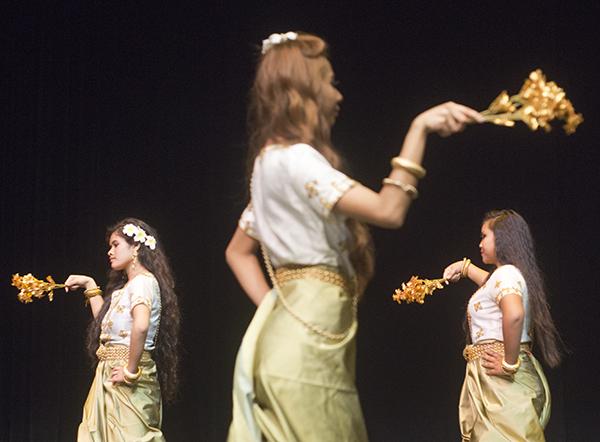 Dancers from the Khmer Cultural Preservation performing the Robam Phuong Neary, a classical Khmer dance that compares the beauty of a Khmer woman to a golden flower, during the Asian-American 2015 Celebration Night show in the FCC Theatre on March 27, 2015.