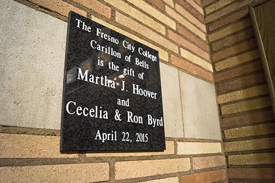 The plaque in the library commemorates the new
Fresno City College Carillon of Bells, April 22,
2015.