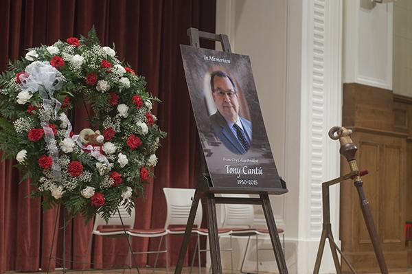 A memorial for Tony Cantu, president of Fresno City College, sits on stage at the auditorium. On April 6, 2015, family member notified the State Center Community College District that Cantu had died. 