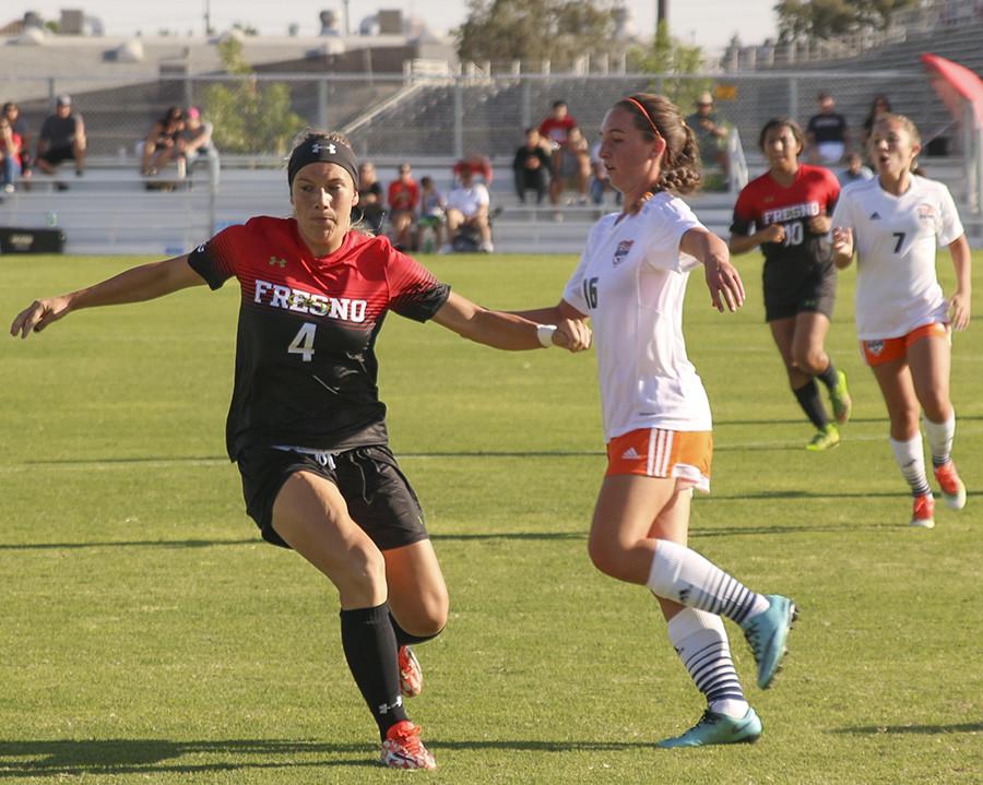 Mel Harris defends against Cosumnes River, at the Fresno City College soccer field on Friday, Sept. 4, 2015. 