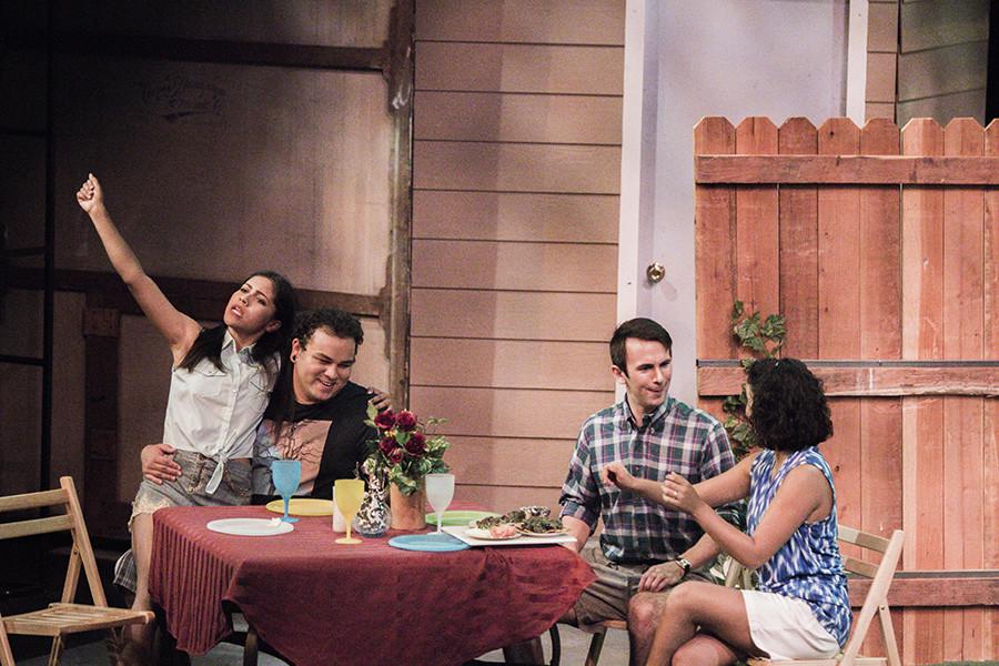 Felicia Sanchez, Michael Breaud, Steve Weatherbee and Sabrina Lopez sitting around a table in the Fresno City College Theatre during a dress rehearsal for the play Detroit opening Friday October 2, 2015.