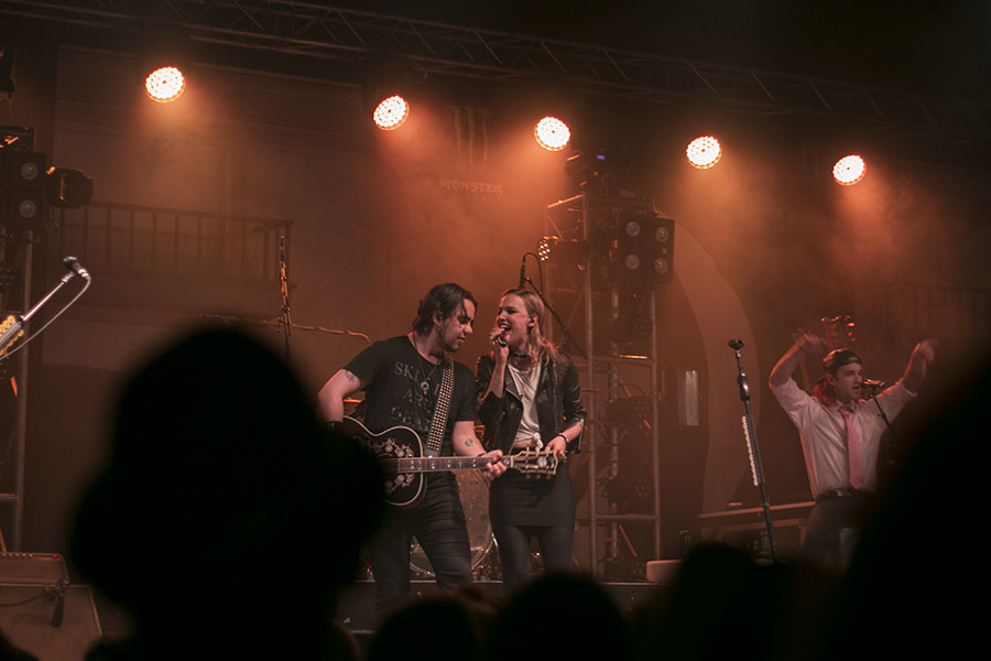 Halestorm vocalist Lzzy Hale and guitarist Joe Hottinger playing an acoustic set at Rainbow Ballroom. Oct 13. 2015. 