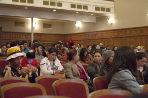 Students listen as Jaclyn Friendman, author, speaks at the Fresno City College Auditorium about sexual consent on Nov. 3.