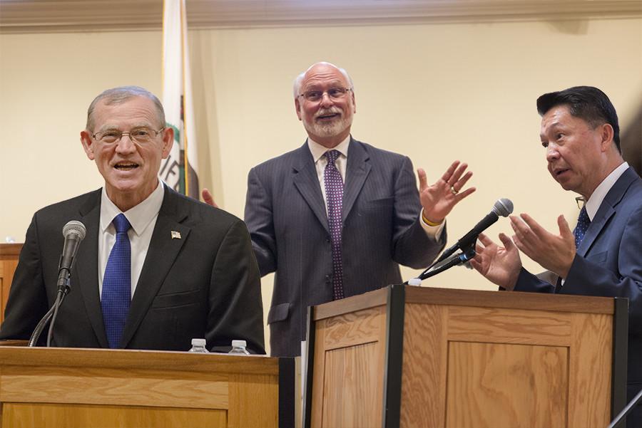 From left to right: Dave Paul Parnell, Ronald Taylor and Henry Chiong Vui Yong speak in the Fresno City College Old Administration Building. The three candidates for chancellor of the State Center Community College District laid out their vision and priorities in open forums hosted across the district on Nov. 12, 2015. 