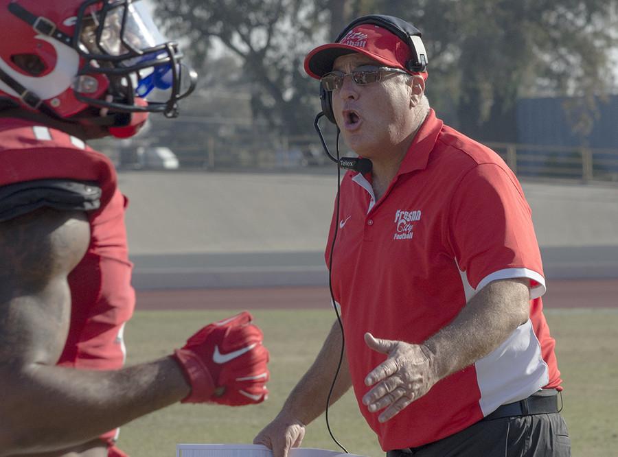 Head Coach Tony Caviglia argues a call against Sierra, at Ratcliffe Stadium, Saturday, Nov. 21, 2015.  