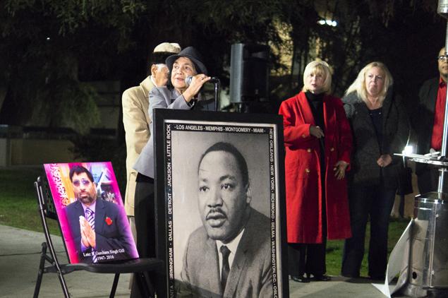 Civil rights leader and co-founder of the United Farm Workers union, Dolores Huerta speaks to community members about the life and work of Martin Luther King Jr at Fresno City College on Jan. 16, 2016. 