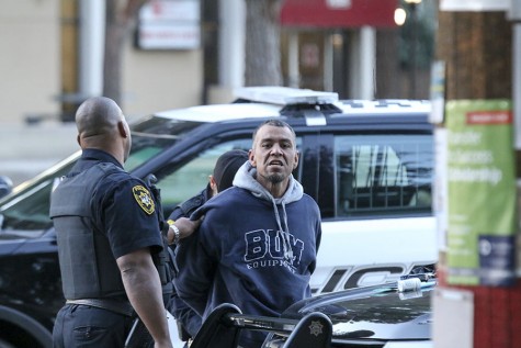 Fresno City College Police officers apprehend burglary suspect in front of Pacific Cafe on Friday Feb. 19, 2016. Larry Valenzuela/ Photo