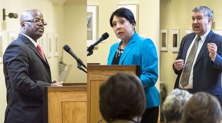 Dr. Craig Follins, Interim president Dr. Cynthia Azari and Dr. Jeremy Brown answering questions from the public during their public forum for the positon of Fresno City College president in the Old Administration Building on Monday, March 7, 2016. 