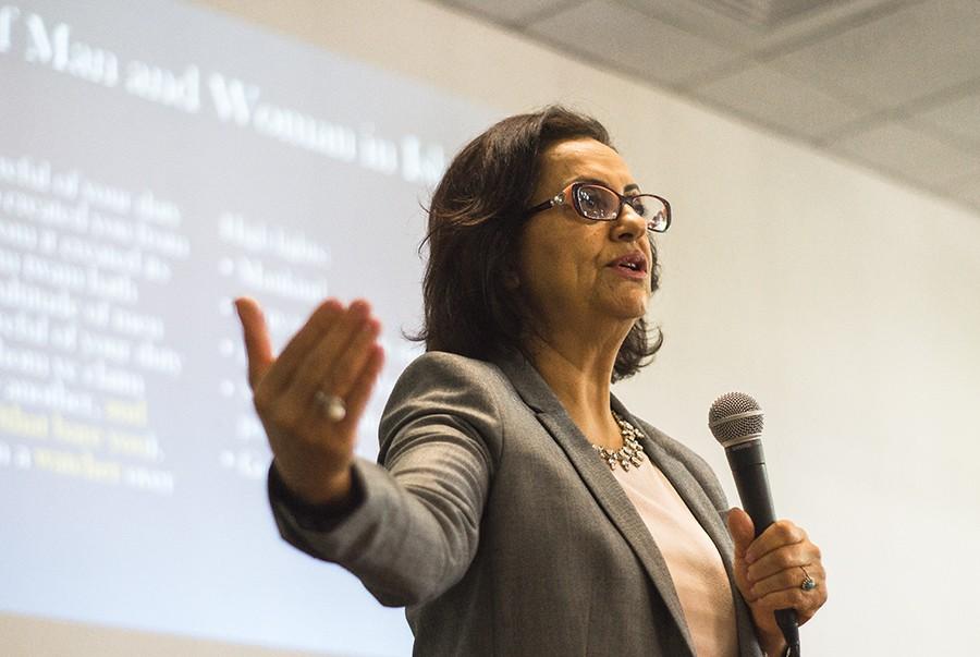 Fresno City College Counselor, Forouz Radnejad speaks to an audience in the college dining room about the misconceptions of women in Islam on March 31, 2016.