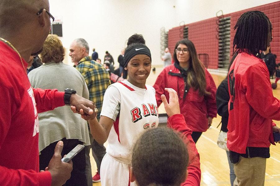 Toni Edwards celebrating her teams win against Sierra College, 71-62, on Saturday, March 5, 2016. Photo/ Ram Reyes