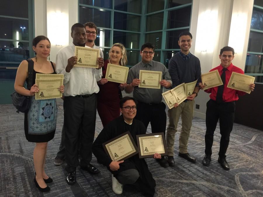 Editors and reporters for the Fresno City College newspaper, the Rampage, celebrate after impressive wins at the annual Journalism Association of Community Colleges conference in Burbank, California on March 17-19. 