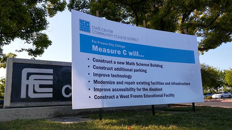 A Measure C billboard sits at the south entrance to Fresno City College on April 14, 2016. 