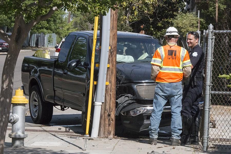 Police+say+a+drunk+driver+crashed+his+truck+into+a+telephone+pole+outside+Ratcliffe+Stadium+on+Thursday%2C+April+21%2C+2016.+The+truck+caught+fire+after+spilling+hazardous+material.+