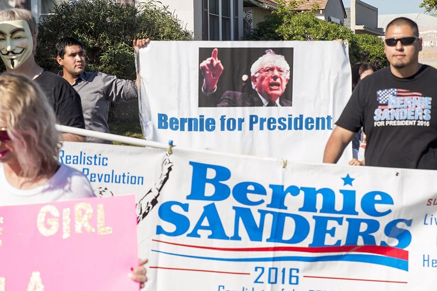 Supporters for the democratic presidential hopeful, Bernie Sanders, march through Tower District in Fresno on April 2, 2015. 
