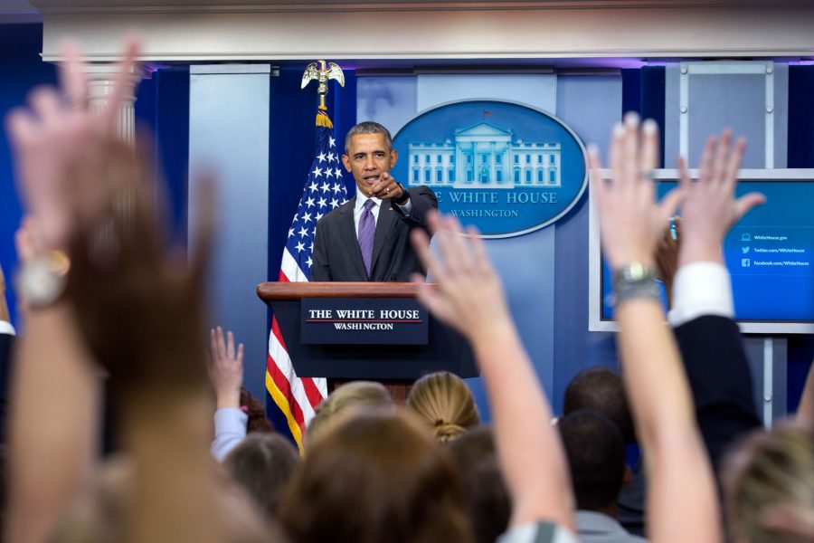 President Barack Obama takes questions from student reporters during College Reporter Day in the James S. Brady Press Briefing Room of the White House, April 28, 2016. (Official White House Photo by Amanda Lucidon)  

This official White House photograph is being made available only for publication by news organizations and/or for personal use printing by the subject(s) of the photograph. The photograph may not be manipulated in any way and may not be used in commercial or political materials, advertisements, emails, products, promotions that in any way suggests approval or endorsement of the President, the First Family, or the White House.