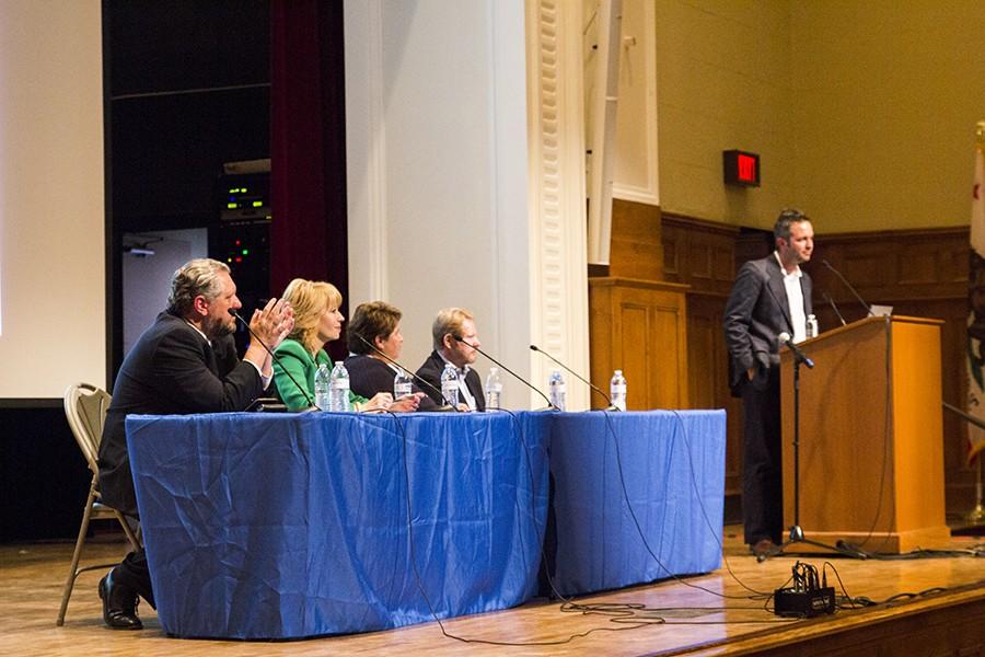 Advocates of the California High Speed Rail sit on stage at the Old Administration Building as they bring information about the possibilites of the train for students and future generations during an event on April 27, 2016. 