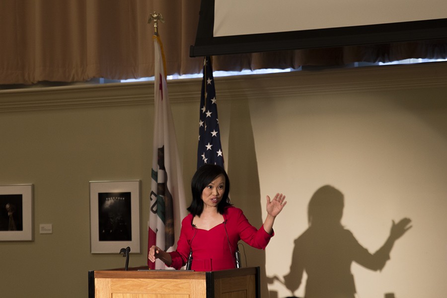 Journalist Zoua Vang speaks about her Asian heritage during an event in the Old Administration Building room 251 on April 29, 2016.