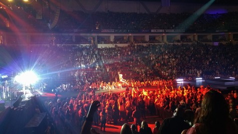 Dustin Lynch warms up the crowd for Little Big Town and Luke Bryan during the "Kill The Lights" Tour at the Save Mart Center in Fresno, Calif. on April 30, 2016