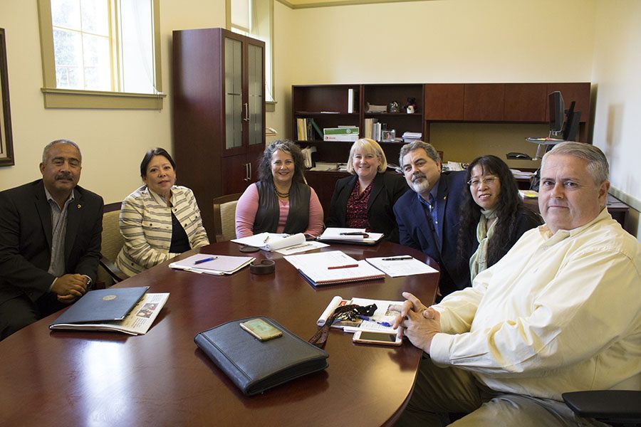 From left to right: Interim Vice-President of Student Services, Rojelio Vasquez, Interim President, Cynthia Azari, Marketing and Communications Director, Cris Monahan Bremer, Vice-President of Administrative Services, Cheryl Sullivan, Interim Vice-President of Instruction, Don Lopez, Director of Institutional Research, Lijuan Zhai, Interim Director of Technology Harry Zahlis. 