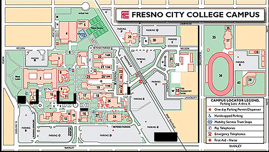 Areas in black show patches of the Fresno City College campus where construction is currently underway.