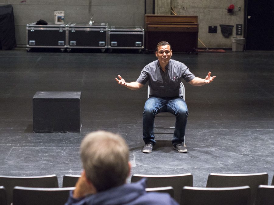 David Garcia performing his monologue as Farragut North director Chuck Erving watches at the Fresno City College Theater on Aug. 20, 2016.