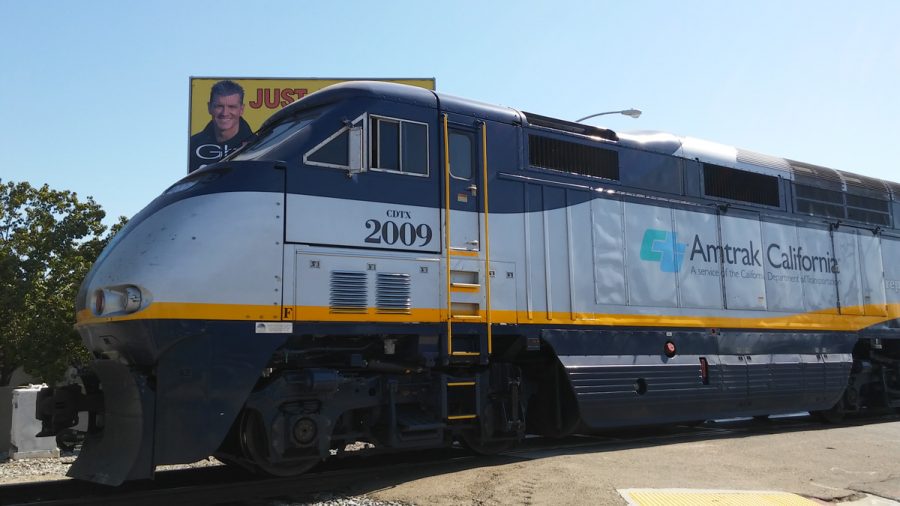 A train is stopped Tuesday after hitting a man outside Fresno City College.