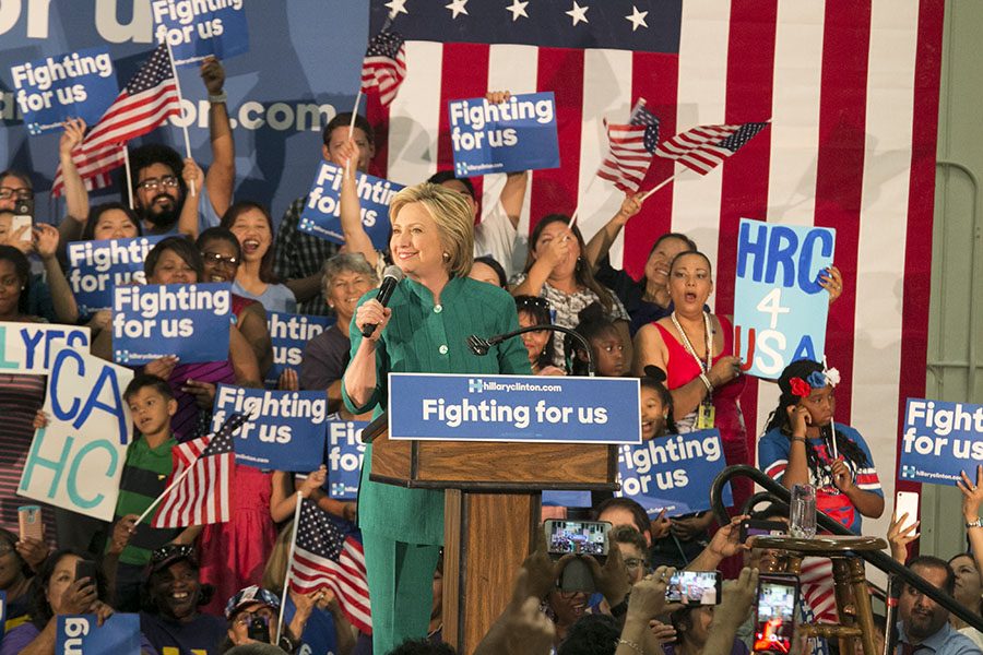 Hillary Clinton campaigns during the primaries at Edison High School in southwest Fresno on June 4, 2016. 