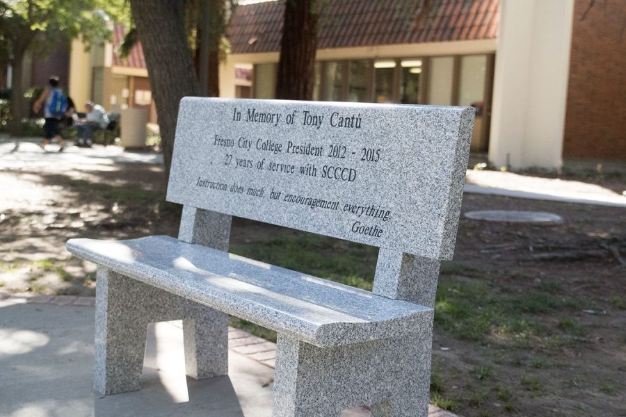 A+memorial+bench+on+campus+honors+late+president+Tony+Cantu.