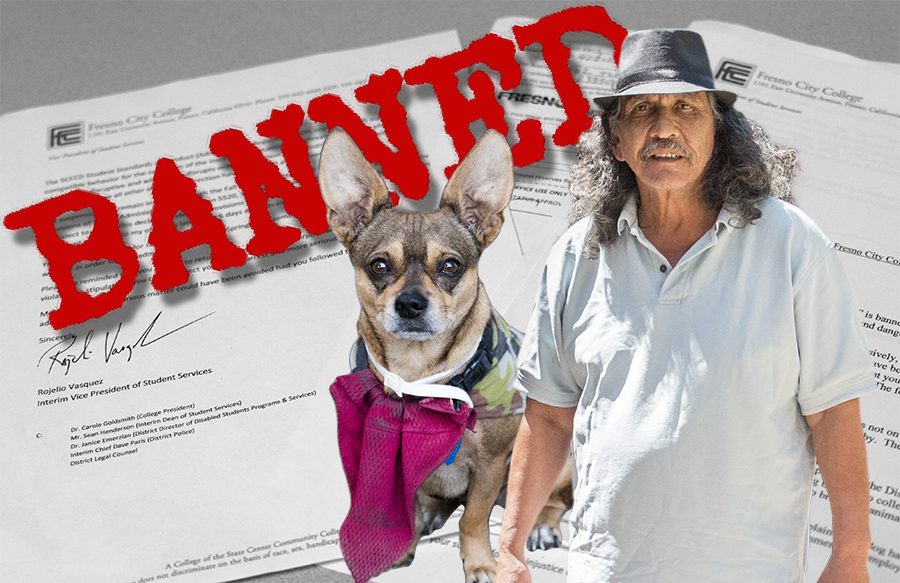 Larry+Rodriguez+%28Left%29+and+his+dog+Zapata+%28right%29+have+been+banned+from+campus+effective+Sept.+8+following+a+letter+from+the+college%E2%80%99s+interim+vice+president+of+student+services.+Rodriguez+and+his+companion+dog+have+been+told+they+are+not+permitted+on+the+FCC+campus+after+alleged+reports+that+Rodrigez%E2%80%99s+dog+has+barked+and+attacked+students.+Rodriguez+maintains+that+his+dog+is+not+wild.