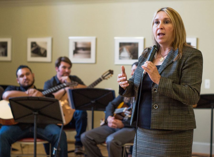 Fresno City College President Carole Goldsmith speaks during a reception welcoming her in the Old Administration Building, Room 251 on Tuesday, Oct. 11, 2016.