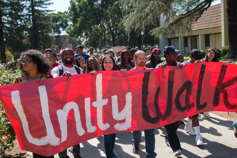 The+Fresno+City+College+Unity+Walk+took+place+on+Wednesday%2C+Sept.+28%2C+2016.+Students+walked+from+the+college+free+speech+area+to+the+Old+Administration+Building+where+they+pledged+for+unity.+