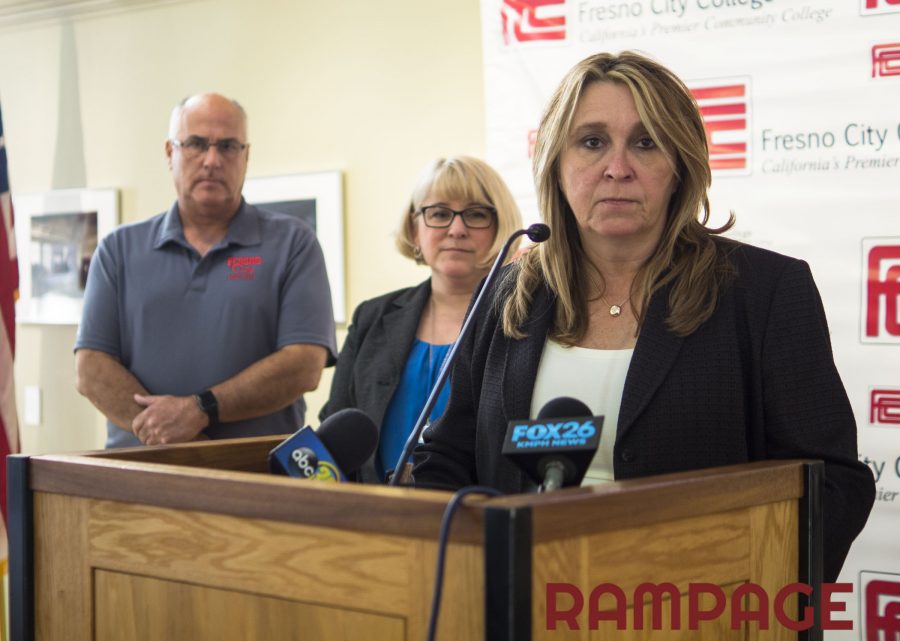 Fresno City College Rams HeadCoach Tony Caviglia, VP of administriative services Cheryl Sullivan and FCC President Carole Goldsmith listens to a question about further punishments for the FCC football team during the press conference on Monday, Nov. 14, 2016. 