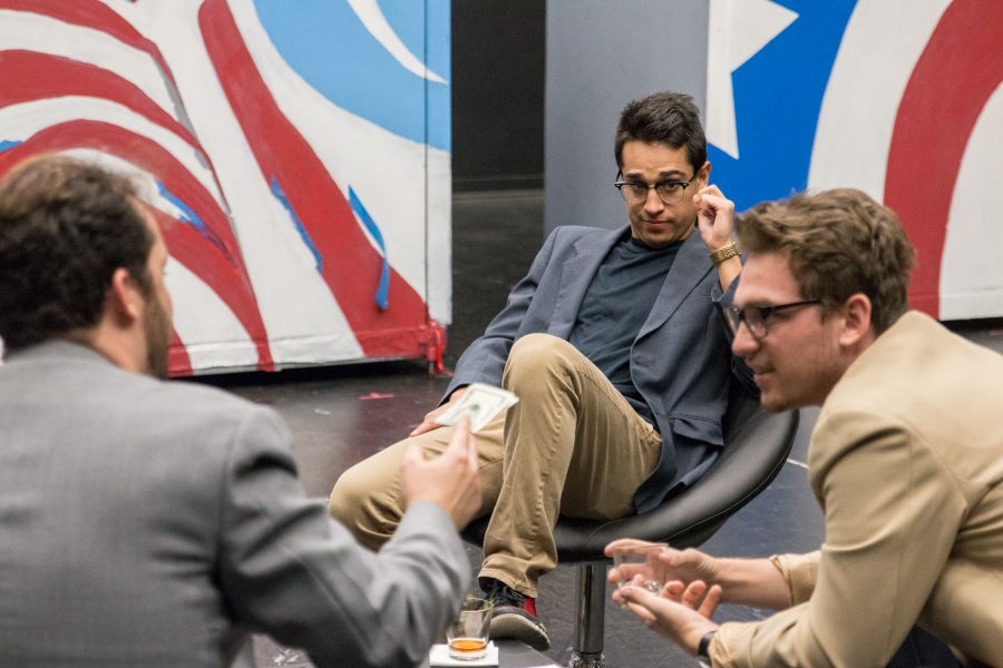 Fresno City College actors James Schott, Aaron Schoonover and Dylan Hardcastle rehearse for the upcoming production of Farragut North on Friday, November 4, 2016. 