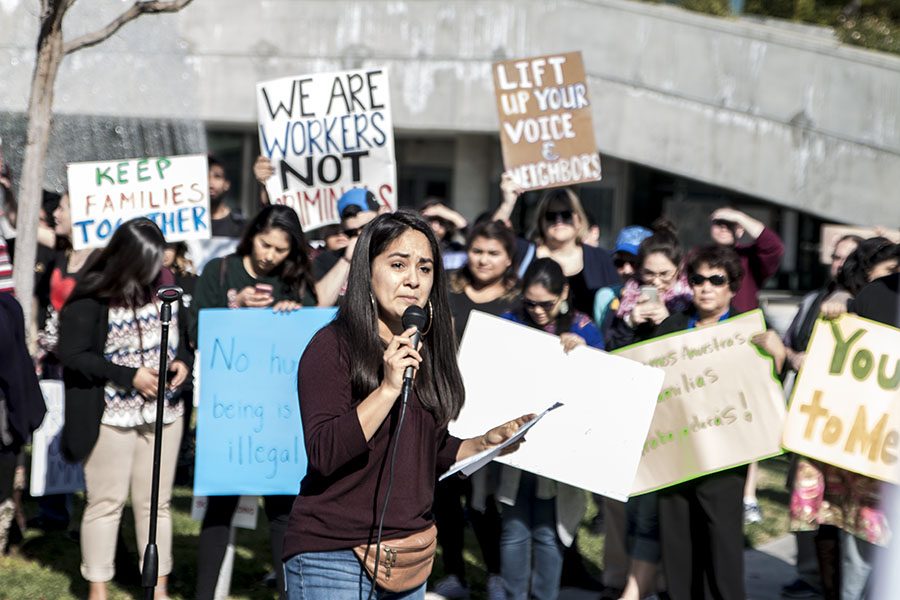 ​Arianna Martinez Lott delivers a heartfelt speech to protesters in front of Fresno City Hall on Jan. 27, 2017, after Mayor Lee Brand refused to label Fresno a sanctuary city. Photo/ Larry Valenzuela