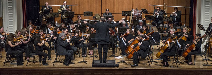 The Fresno City College Community Symphony Orchestra performs under the direction of conducter Jeffrey Sandersier on Feb. 28, 2017. Photo/Cheyenne Tex