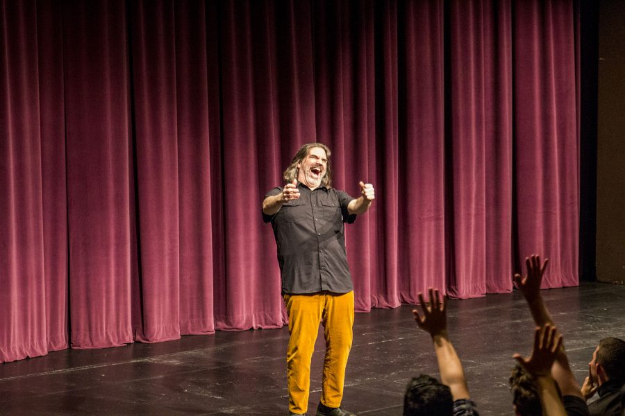 Peter Cook greeting the audience in the FCC Theater on March 30, 2017