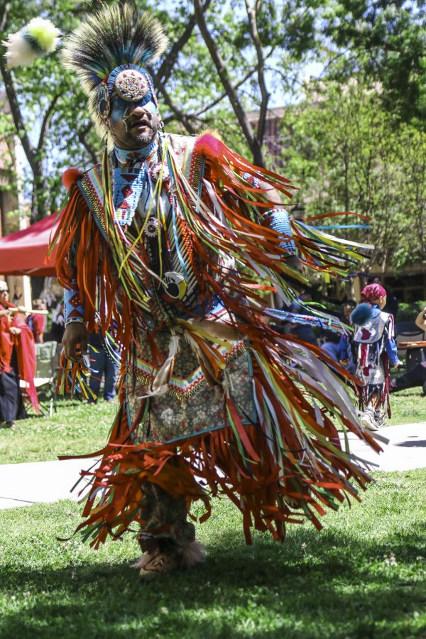 Native+American+dancer+Little+Bear+showcases+his+traditional+dance+at+Resistance+march+at+Fresno+City+College+on+Thursday+April+20%2C+2017.%0A