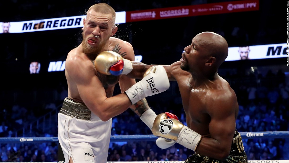 Mayweather lands haymaker on McGregor during Saturday nights brawl.