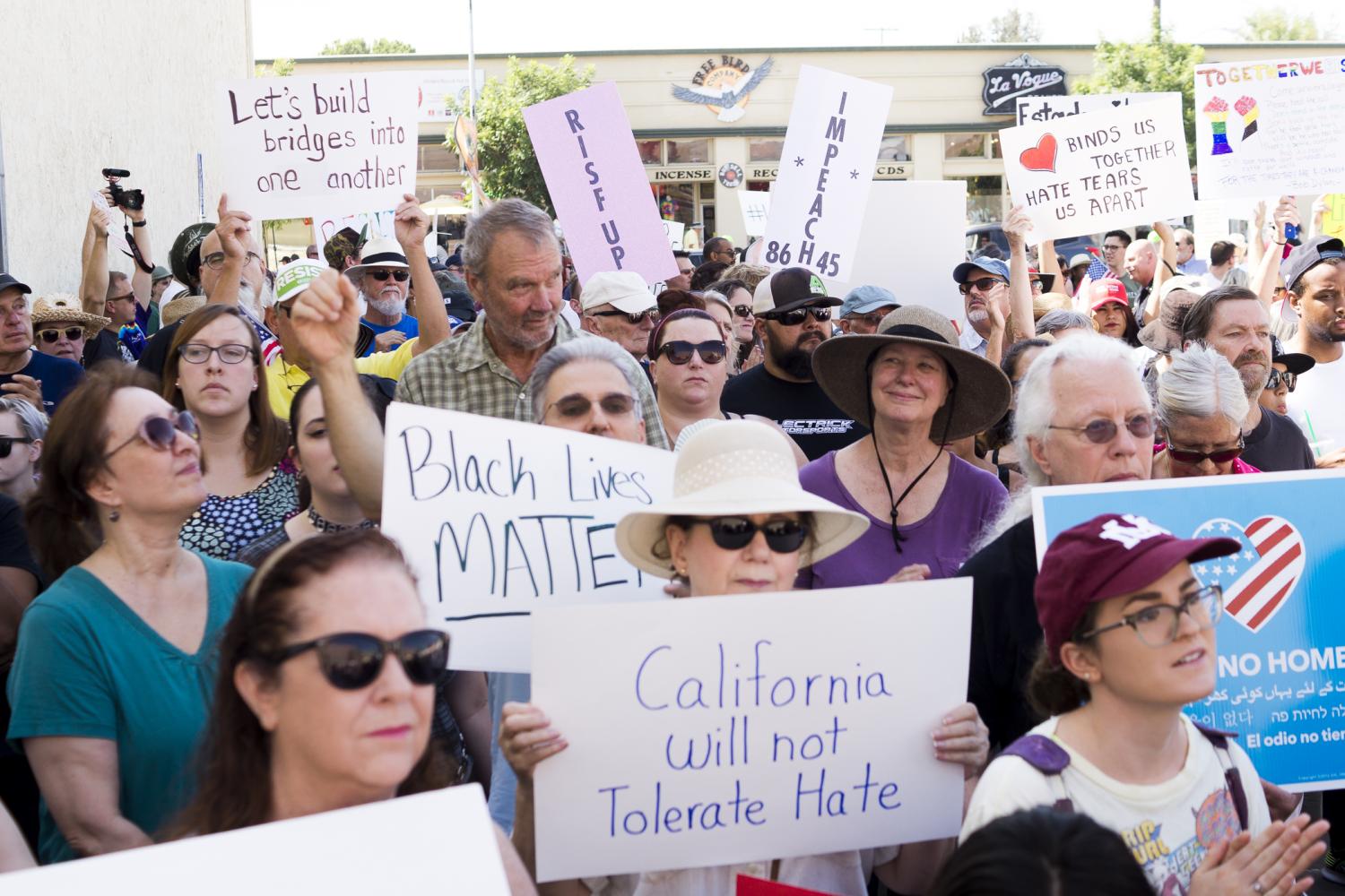 Protesters gather during Counter Rally Against Hate held in Fresnos Tower District on Saturday, Aug. 26, 2017. The rally is among the other anti-white supremacy rallies happening across the country in response to the events in Charlottesville.