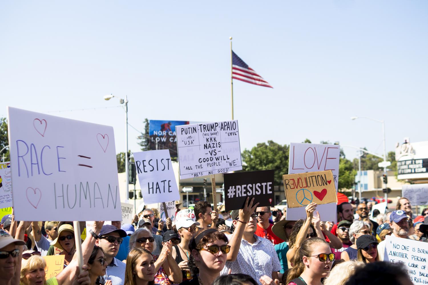 Protesters gather during Counter Rally Against Hate held in Fresnos Tower District on Saturday, Aug. 26, 2017.