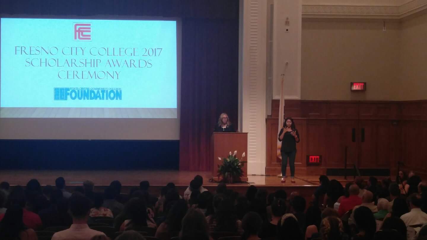 Fresno City College president Carole Goldsmith gives a speech at the 2017 Scholarship Awards Ceremony in the OAB auditorium on Friday, Aug, 11, 2017.