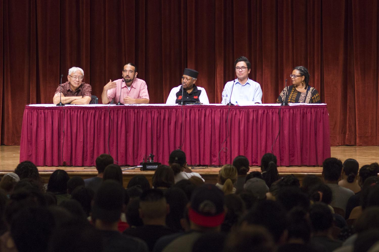 John Cho, Matt Watson-Espinoza, Kehinde Solwazi, Lee Herrick and Karla Kirk spoke as panelists for the Unite the People panel held in the OAB on Thursday, Aug. 30, 2017.