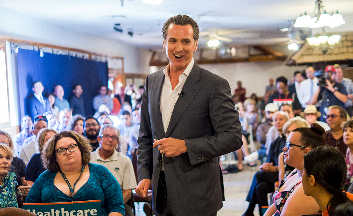 Lt. Gov. Gavin Newsom makes his opening statement during his campaign stop for California governor at Tuolumne Hall in downtown Fresno on Aug. 15, 2017. 
