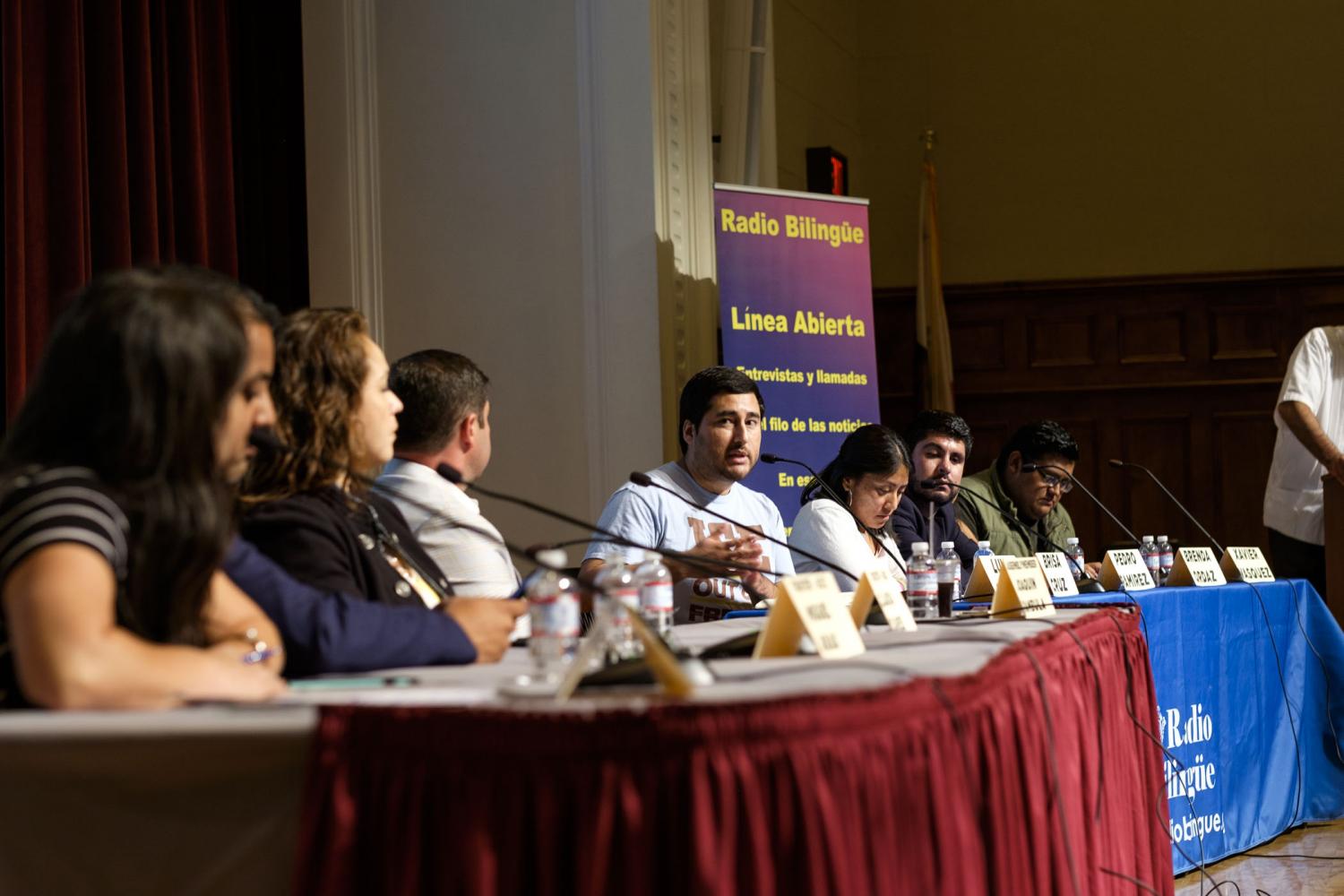 Activist Luis Ojeda asks panelists about how intersectionality plays a part within the immigrant issues during the DACA town hall meeting in the OAB auditorium on Wednesday, Sept. 20, 2017.