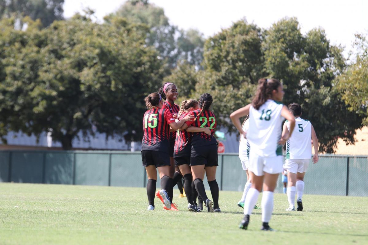 Fresno City College Womens Soccer celebrate after scoring a goal against Evergreen Valley College on Saturday Sept. 16, 2017.